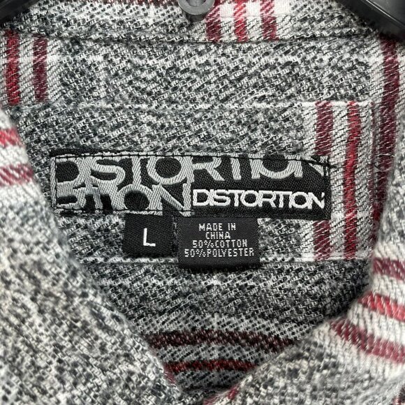 Distortion Button-Up Shirt Men's Sz L Gray Red Plaid Collared Chest Pockets - Picture 7 of 8